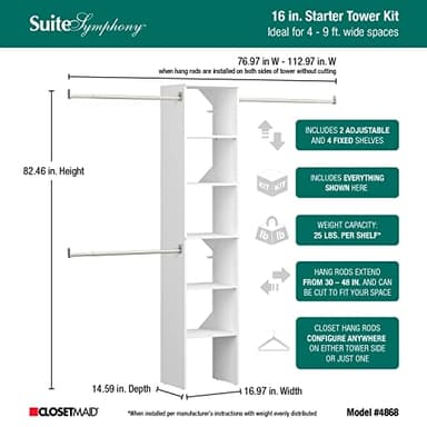 ClosetMaid SuiteSymphony Wood Closet Organizer Starter Kit with Tower and 3 Hang Rods, Shelves, Adjustable, Fits Spaces 4 – 9 ft. Wide, Engineered Wood, Pure White, 16" - Image 3