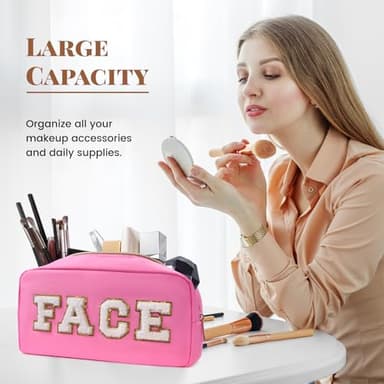 CasaCulina 4Pcs Preppy Makeup Bags Set, Cute Varsity Makeup Pouchs, Travel Cosmetic Bags Sewn with Skin/Hair/Face/Stuff Chenille Letter, Portable Nylon Zipper Toiletry Pouch Gifts for Girls Women - Image 4