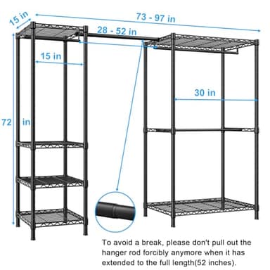 Ulif E10 Clothes Rack（With Stretchable Hanger Rod）Freestanding Clothing Racks for Hanging Clothes，Adjustable Closet Organizer System，Portable Garment Rack 73-97"W x 15" D x 72" H，Max Load 800LBS，Black - Image 2