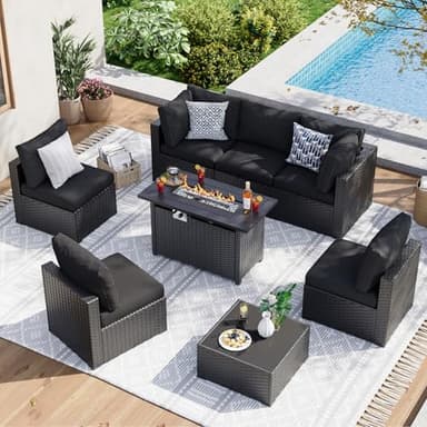 Aoxun 8 Piece Patio Furniture Set with 44” Fire Pit Table Wicker Patio Sectional Sofa Set Outdoor Seating Furniture with Thickened Cushion, Black - Image 1