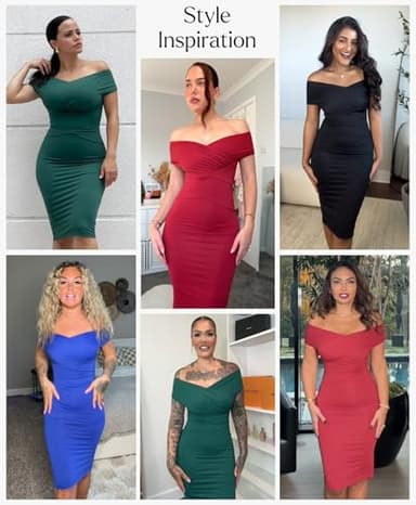 Popilush Off Shoulder Shapewear Dress Formal Cocktail Party Bodycon Midi Dresses for Women Wedding Guest Fall Evening Gown Black - Image 2