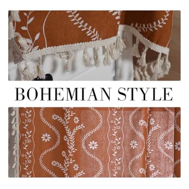Terracotta Boho Linen Curtains with Tassels 84 Inch Length for Living Room, Floral Semi Sheer Curtains 2 Panels, Vintage Rustic Farmhouse Light Filtering Drapes, Burnt Orange - Image 4