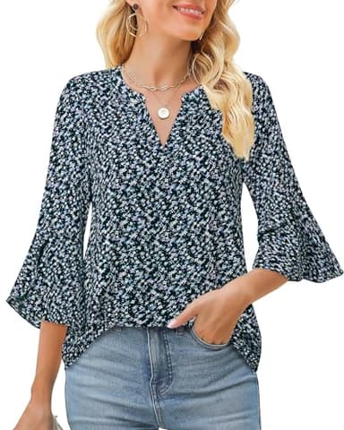 Gaharu Women's Tunic Tops - Casual Work Blouses with Bell Sleeves - Elegant Office Wear in Sky Blue Flower Print, Size XL - Image 2