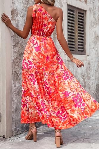 PRETTYGARDEN Women's Summer Floral Maxi Dress Knot One Shoulder Sleeveless Ruffle Flowy Boho Beach Wedding Guest Dresses (Orange Rose Red Big Floral,Large) - Image 2
