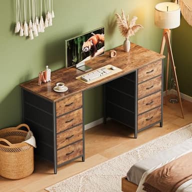 Huuger 55 Inch Computer Desk with 8 Fabric Drawers, Office Desk Work Desk for Home Office, Study, Gaming Desk with Drawers, Large Storage, Rustic Brown - Image 8