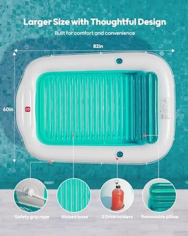 QPAU Inflatable Tanning Pool Float for Adults, 82" x 60" XL Sun Lounger with Removable Pillow, Footrest, Cup Holders, Cushion Base, Durable PVC, for Pool, Patio, Garden, Lake Use - Image 3
