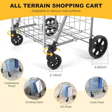 Shopping Cart with 360° Rolling Swivel Wheels, Portable Utility Cart for Grocery, Folding Shopping Cart with Waterproof Basket Liner, Collapsible Cart 120lbs, Sliver - Image 3