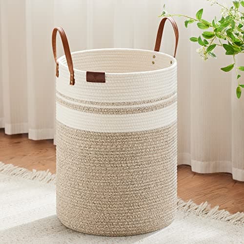 VIPOSCO Tall Laundry Basket, Large Dirty Clothes Hamper with Leather Handle, Woven Rope Storage Basket for Blanket, Toy In Living Room, Bathroom, Bedroom - 72L Brown & White - Image 1