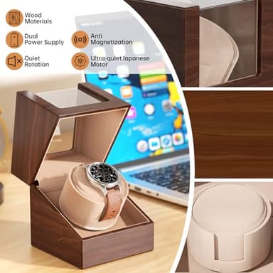 Racokky Automatic Single Watch Winder Box for Rolex and Other Watches, Ultra Quiet Japanese Motor, Self Winding Rotating Wooden Watch Case, Battery or Type-C Powered, Premium Watch Box for Men and Women - Image 2