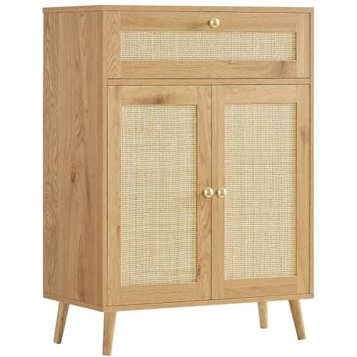 Iwell Storage Cabinet with Adjustable Shelf, Rattan Cabinet with Large Drawer, Sideboard Bufffet Cabinets, Bathroom Storage Cabinets, Accent Cabinets for Entryway, Natural - Image 1