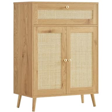 Iwell Storage Cabinet with Adjustable Shelf, Rattan Cabinet with Large Drawer, Sideboard Bufffet Cabinets, Bathroom Storage Cabinets, Accent Cabinets for Entryway, Natural - Image 1