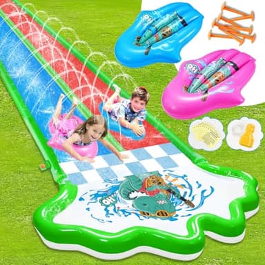 Slip and Water Slide with 2 Bodyboards-Slip Slides 20ft Heavy Duty Double Lawn Water Slides,Sturdy Summer Slip Waterslide Water Toy with Sprinkler for Kids Toddlers Outdoor Backyard Beach Summer Party - Image 1
