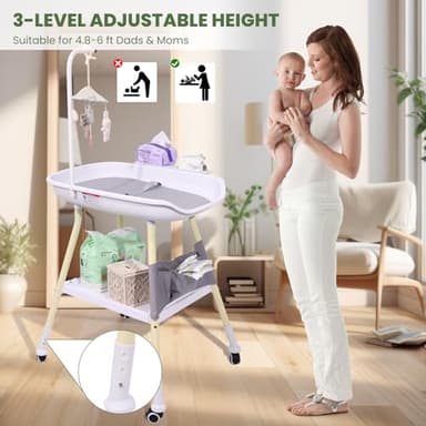 Sierjian Baby Changing Table, Adjustable Height Diaper Changing Station with Baby Crib Mobile, Changing Pad, Nursery Organizer and Large Storage Rack for Infant and Newborn - Image 5