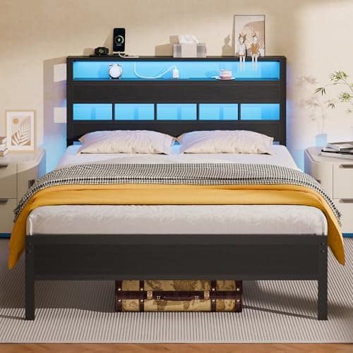 Furnulem Full Size Bed Frame with LED Light and Charging Station, Wood Storage Headboard with 2-Tier Shelves, Metal Platform Bed with Heavy Duty Slats Support, No Box Spring Needed, Black Oak - Image 1