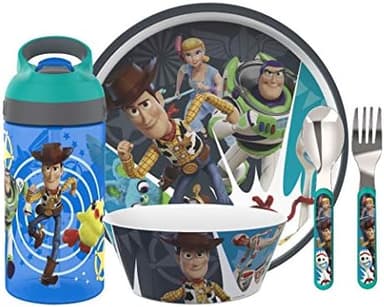 Zak Designs 5-Piece Dinnerware Set, Disney and Pixar Toy Story 4 - Durable Plastic & Stainless Steel - Includes Water Bottle, 8-Inch Plate, 6-Inch Bowl, Fork & Spoon - Suitable for Kids Ages 3+ - Image 3
