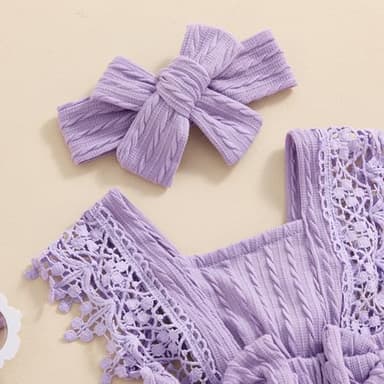 Douhoow Infant Baby Girl Plaid Romper Baby Short Sleeve Pleated Romper Bodysuit Summer Spring Outfits (Purple A, 12-18 Months) - Image 6