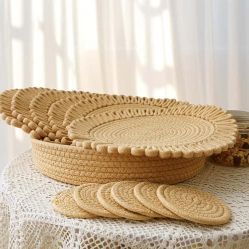 AHHFSMEI Round Woven Placemats Set of 6,13 inches Natural Cotton Blend Farmhouse Hand-Woven Place Mats Braided Rattan Table Mats for Dining Table(Light Brown Flower) - Image 1