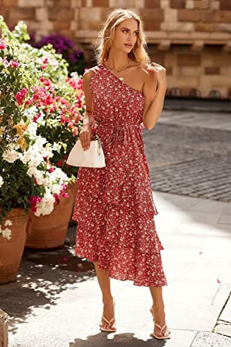 PRETTYGARDEN Women's Summer Floral Sundress Casual One Shoulder Tiered Ruffle Flowy Midi Beach Boho Dresses (Floral Brick Red White,Medium) - Image 3