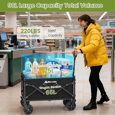 Collapsible Wagon with Wheels, 220 lbs Wagons Carts Foldable Wagon Cart with Flexible Handle, Lightweight Portable Folding Utility Grocery Shopping Cart for Grocery Sports Garden Camping - Image 2