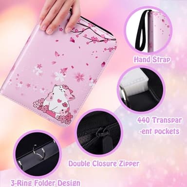 CLOKORIA Card Binder for Girls Gifts,440 Cards Collectible Trading Card Holder Case with 55 Sleeves, 4 Pocket for TCG Game Cards Collection Sports Trading Cards Collector Album (Sakura cat) - Image 4
