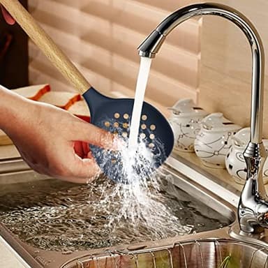 Silicone Cooking Utensils Set - 446°F Heat Resistant Silicone Kitchen Utensils for Cooking,Kitchen Utensil Spatula Set w Wooden Handles and Holder, BPA FREE Gadgets for Non-Stick Cookware (Navy Blue - Image 8