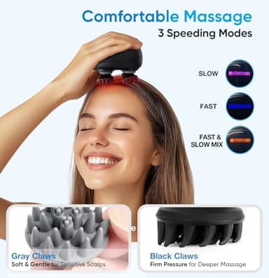 Electric Head Scalp Massager - Rechargeable IPX7 Waterproof Scalp Massager w/ 3 Speed Modes, 2 Sets 8 Detachable Claws, 360° Kneading for Stress Relax, Deep Clean & Hair Growth - Ideal Gifts (Black) - Image 4