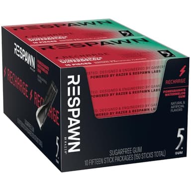 RESPAWN Energy and Focus Gum by Razer, Recharge Chewing Gum Sugar-Free - Pomegranate Watermelon, 15 Count (Pack of 10) - Image 1