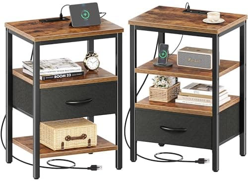 SUPERJARE Nightstand Set of 2, Bed Side Tables with Charging Station, Adjustable Fabric Drawer, Night Stand for Bedroom, 3-Tier Storage End Tables, for Living Room, Rustic Brown and Black - Image 1
