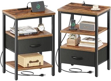 SUPERJARE Nightstand Set of 2, Bed Side Tables with Charging Station, Adjustable Fabric Drawer, Night Stand for Bedroom, 3-Tier Storage End Tables, for Living Room, Rustic Brown and Black - Image 1