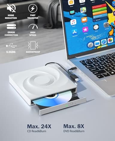 External CD/DVD Drive for Laptop CD Burner External DVD Drive, CD ROM DVD Player Portable CD Reader for Laptop PC, Compatible with Windows Linux Mac OS - Image 2