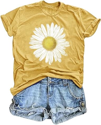 Daisy T-Shirts for Women Boho Flower Graphic Tees Flowers Shirt Summer Casual Wildflower Short Sleeve Tops (A1-Yellow1, XL)