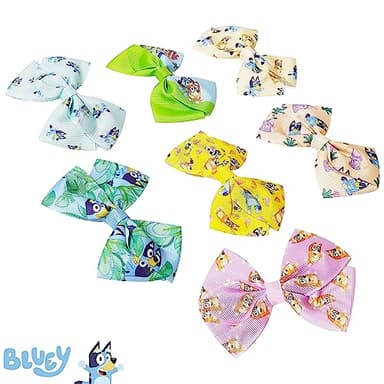 Bluey Kids Hair Bows - Hair Accessories Gift Set - Bluey Hair Bow - 7 Pcs 4 Inch Bow Bundle - HairBows for Girls - Different Bluey print on each clip - Alligator Clip - Ages 3 + - Image 2