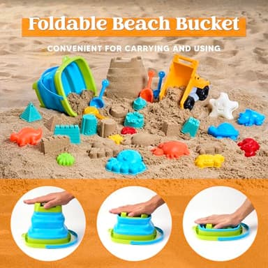 Sloosh Beach Sand Toys Set - Dump Truck Car Toy with Sand Molds for Toddlers Outdoor Play, Collapsible Foldable Buckets Mesh Bag Shovels Castle Animal Mold Sets, Kids Ages Sandbox Toys (Animals) - Image 4