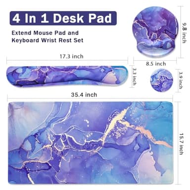 4-in-1 Gaming Mouse Pad Wrist Support Set，Desk Pad + Mouse Pad with Wrist Rest + Keyboard Wrist Rest + Coaster, Ergonomic Design for Home Office Study Game - Purple Marble - Image 2