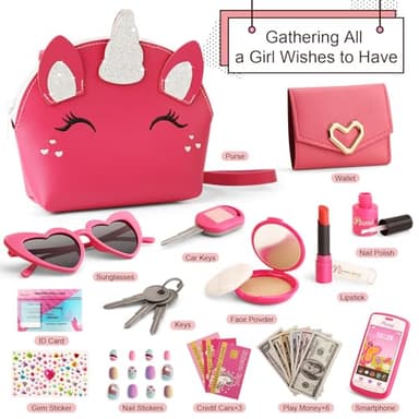 Toddler Purse for Little Girls 3-5 with Pretend Makeup Kit | Unicorn Kids Purse Accessories Play Fake Make up Set | Birthday Gifts for 4-6 Year Old Princess Toys - Image 3