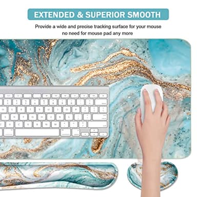 Keyboard Mouse Pad Set, Extended Mouse Pad+Keyboard Wrist Rest Support, Memory Foam Ergonomic Easy Typing, 3Pcs (35.4×15.7 in) Desk Pad Set for Home Office Study Game-Green Marble - Image 4
