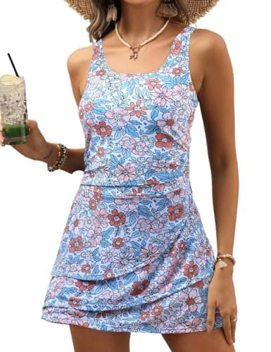 VIMPUNEC Women One Piece Swim Dress Swimsuit Tummy Control Modest Swim Skirt Bathing Suit Purple Floral XXL - Image 1