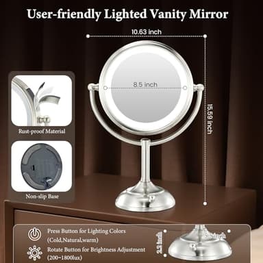 Professional 8.5" Large Lighted Makeup Mirror with Brighter Lights, 1X/10X True HD Magnifying Mirror with 3 Color Dimmable Lights, 90 Shadowless LEDs, 360°Swivel Seamless Vanity Mirror, Pearl Nickel - Image 2