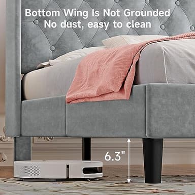 koorlian Queen Bed Frame, Velvet Adjustable Upholstered Platform Bed Frame with Type-C&USB Ports, Wingback Storage Headboard, Solid Wood Slats Support, No Box Spring Needed, Noiseless, Gary - Image 9