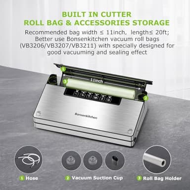 Bonsenkitchen Vacuum Sealer Machine, Stainless Steel Food Sealer Vacuum Sealers with 100 Bags & 1 Roll, 5 Food Vacuum Modes, Built-in Cutter & Bag Storage, Black - Image 6