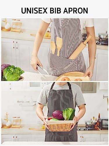 Syntus Aprons for Women with Pockets, 2 Pack Kitchen Apron for Cooking Adjustable Bib Chef Aprons for Men Women, Black/Brown Stripes - Image 7