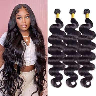 Body Wave Bundles Human Hair 26 28 30 Inch 100% Unprocessed Human Hair Bundles 12A Brazilian Virgin Hair Weave Body Wave 3 Pieces Natural Black Color 300G - Image 1