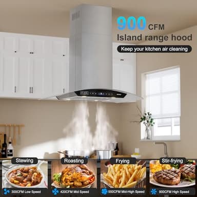 BRANO 36 Inch Island Range Hood, 900 CFM Voice/Gesture/Touch Control Ceiling Vent Hood with 4 Speed Exhaust Fan, 4 LED Lights, Memory Mode, Ducted/Ductless Convertible with 2 Charcoal Filter - Image 2