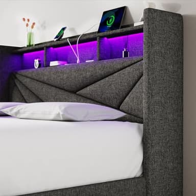 Driftalia Full Size Bed Frame with 4 Storage Drawers, Upholstered Full Bed Frame with LED Lights Headboard and Charging Station, No Box Spring Needed, Easy Assembly - Dark Grey - Image 6