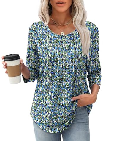 XIEERDUO Womens Tops Dressy Casual Summer 3/4 Length Sleeve Tops Women Blouses Early Fall Fashion Clothing Outfits 2025 Beach Vacation Fall Clothes Deal F-Blue Floral XL - Image 2