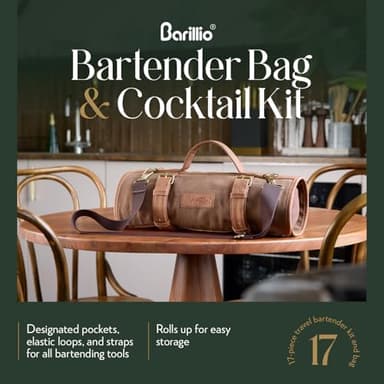 Barillio Bartender Kit Bag with Cocktail Shaker Set - Waxed Canvas, Traveling Bar Tools Bag with 17-Pc Cocktail Kit - Travel Mixology Bartending Kits - Mobile Bar Roll with Strap & Accessories - Image 4
