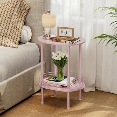 DGSANDGO Small Round Side Table,Bedside Table with Storage, Morden Round Nightstand, Samll Side Table for Living Room，Bathroom，Bedroom, Nursery, Laundry, Pink - Image 1