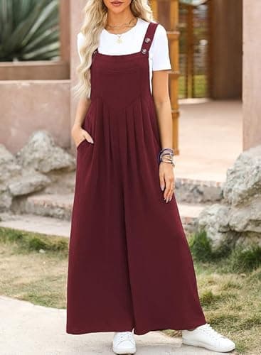 Dokotoo Womens Overalls Red Jumpsuits for Women Casual Loose Fit Solid Color Wide Leg One Piece Sleeveless Jumpsuit Adjustable Straps Long Pant Rompers with Pockets Medium - Image 4