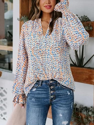 MASCOMODA Womens V Neck Floral Long Sleeve Tops 2025 Summer Casual Loose Puff Sleeve Chiffon Boho Work Blouse Dressy T Shirts(Floral Blue White,XX-Large) - Image 4