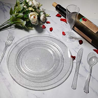 I00000 144Pcs Silver Glitter Dessert Plates Set, Includes 72Pcs Plastic Dessert Plates 7.5",72Pcs Silver Forks 7.4", Plastic Salad Plates for Thanksgiving - Image 5